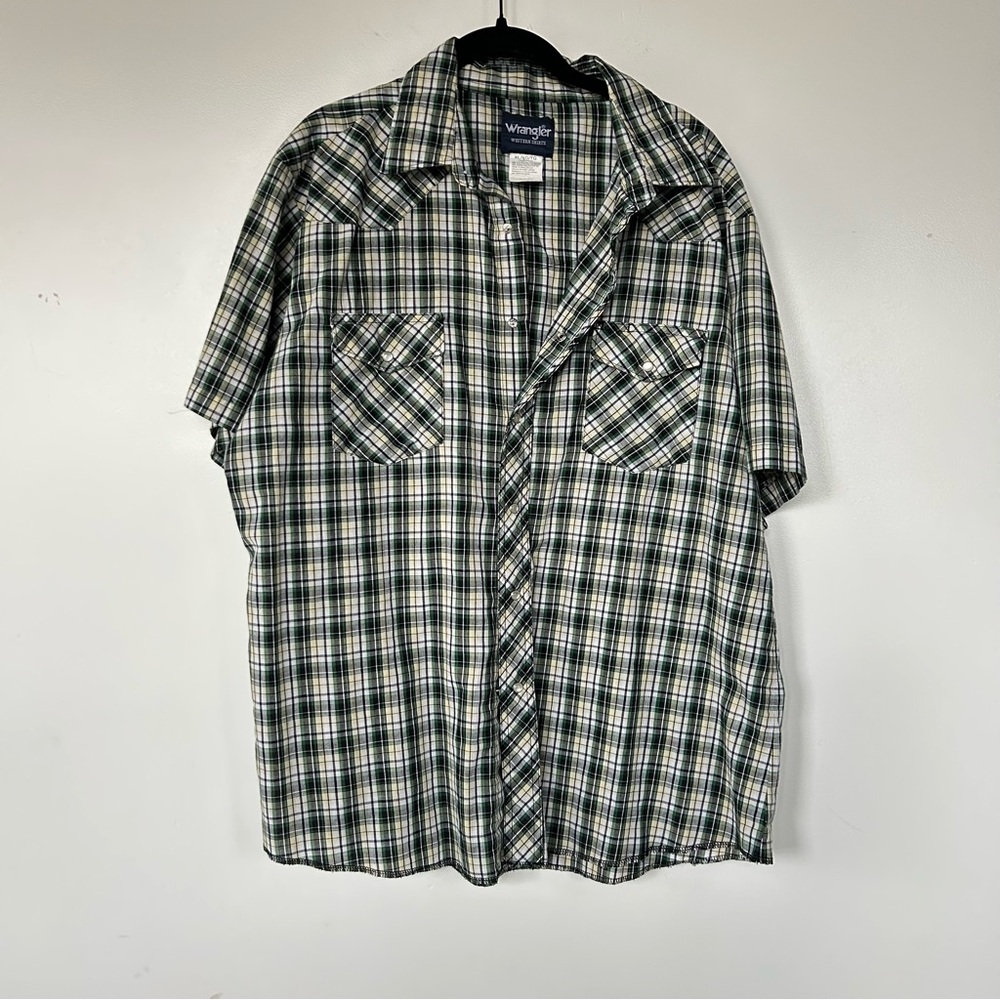 Wrangler Shirt Mens Large Green Plaid Short Sleeve Pearl Snap Western Casual